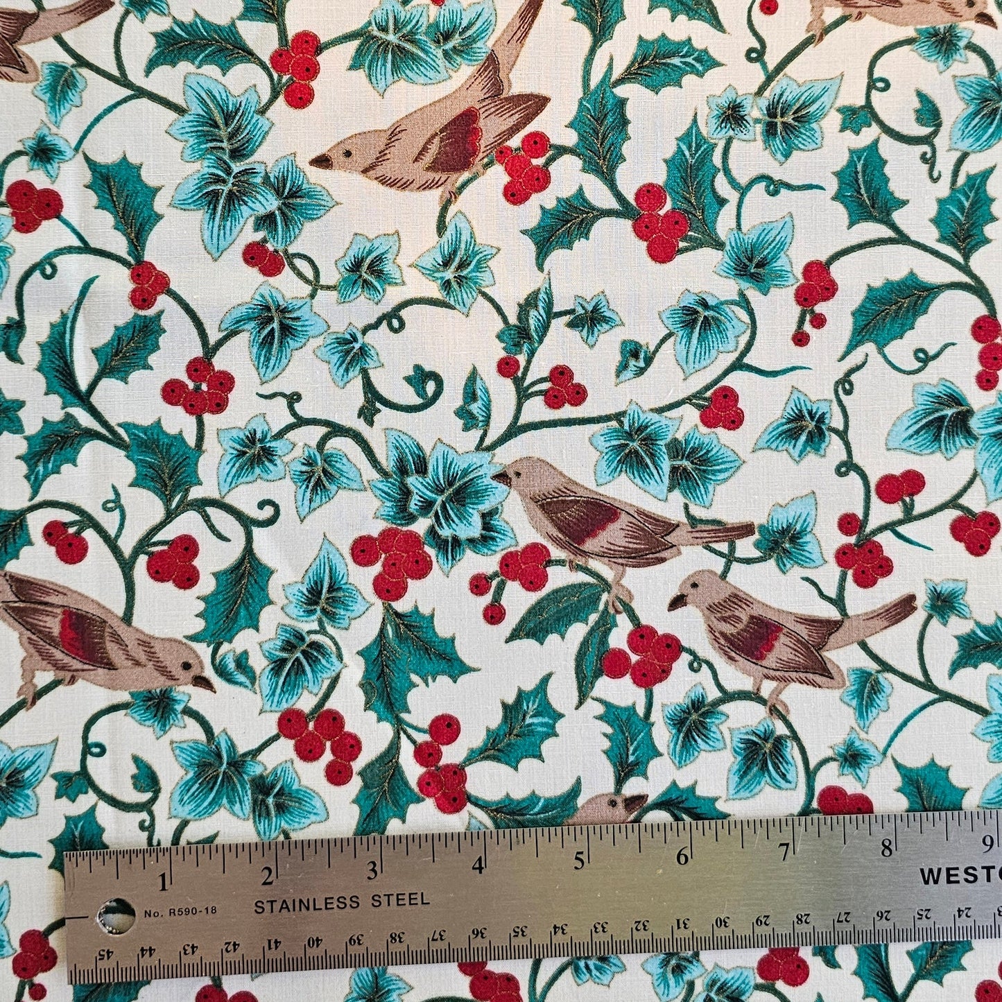 Vintage Holly & Birds Christmas Cotton - Roll End