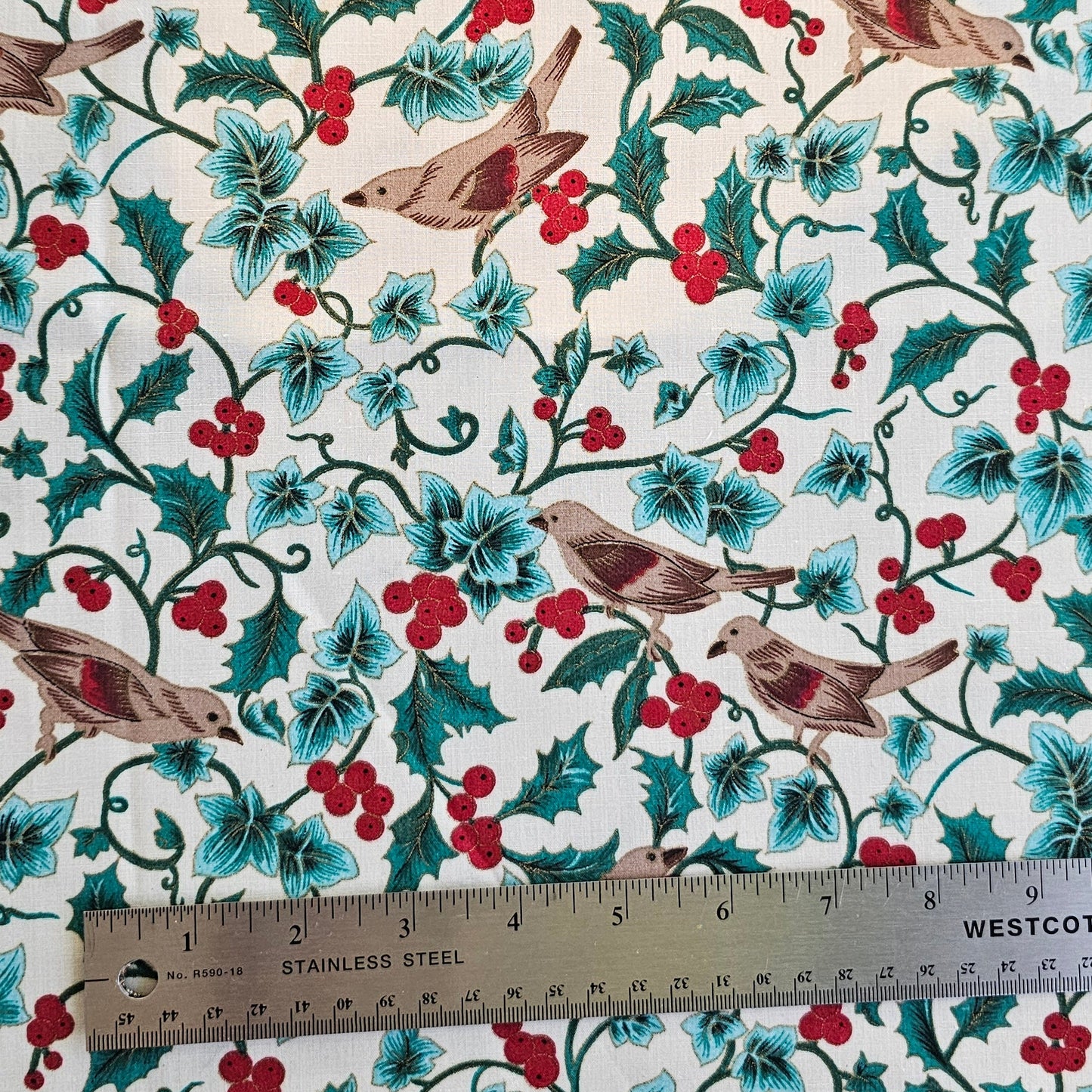 Vintage Holly & Birds Christmas Cotton - Roll End