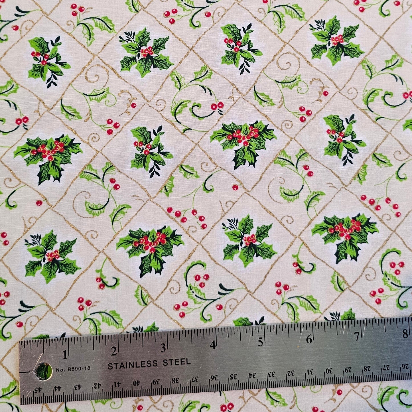 Vintage Mistletoe Squares Christmas Cotton - Roll End