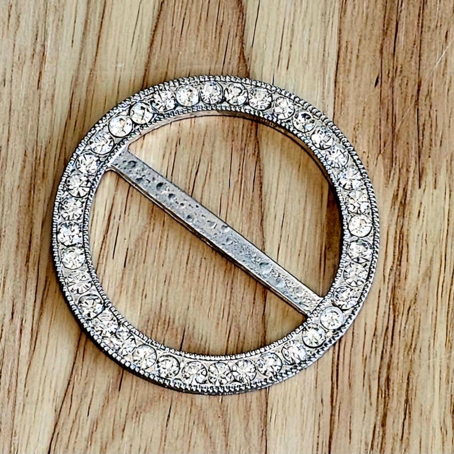 Vintage Rhinestone Belt Buckle Round - Silver - 49mm