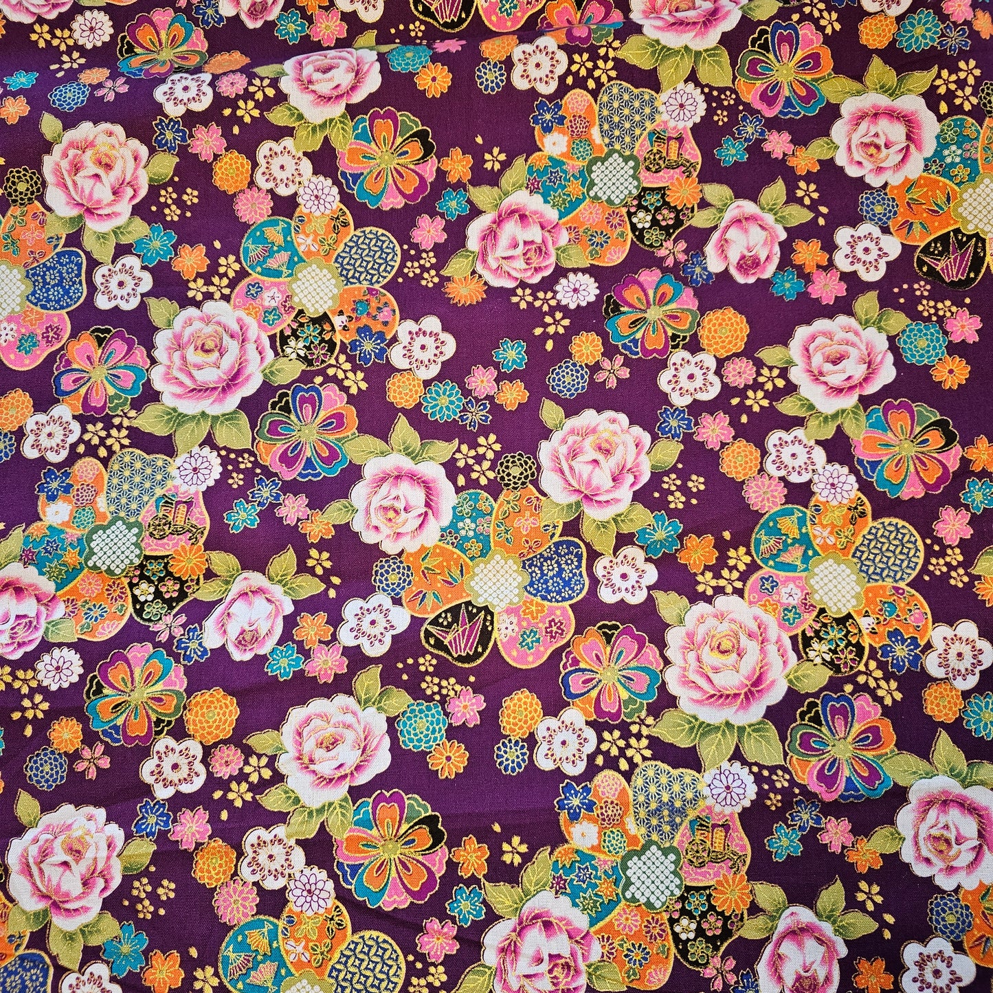 Metallic Cotton Floral - Purple - Roll End