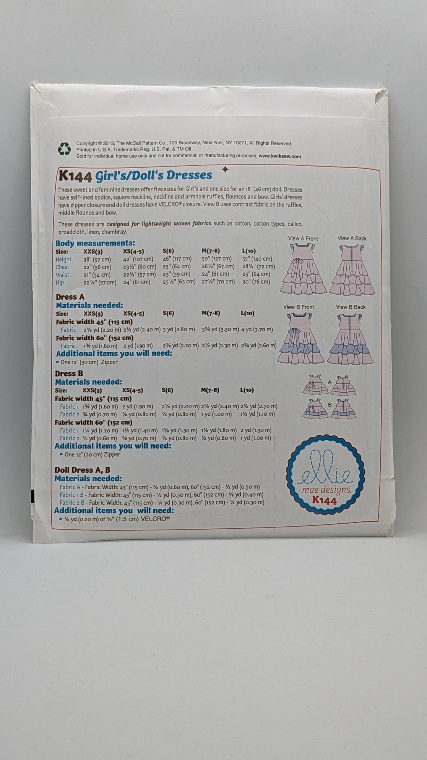 K0144 - Coordinating Children's & Doll Dresses