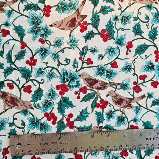 Vintage Holly & Birds Christmas Cotton - Roll End