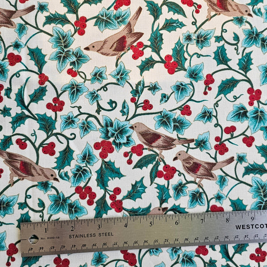Vintage Holly & Birds Christmas Cotton - Roll End