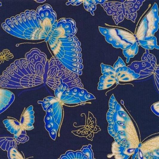 Metallic Cotton: Butterflies - Blue