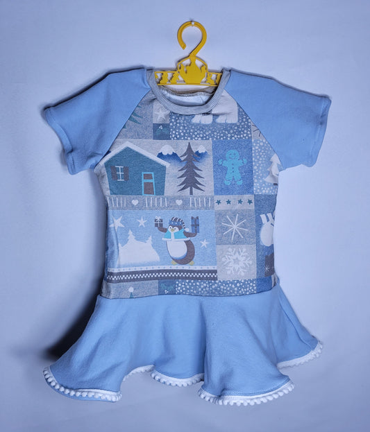 Children's 3T Penguin and Blue Fleece with Snowball Trim Dress