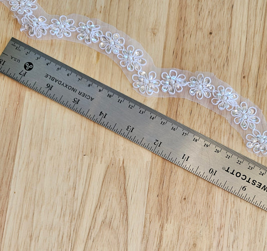 Floral Bead & Sequin Trim - White - 20mm