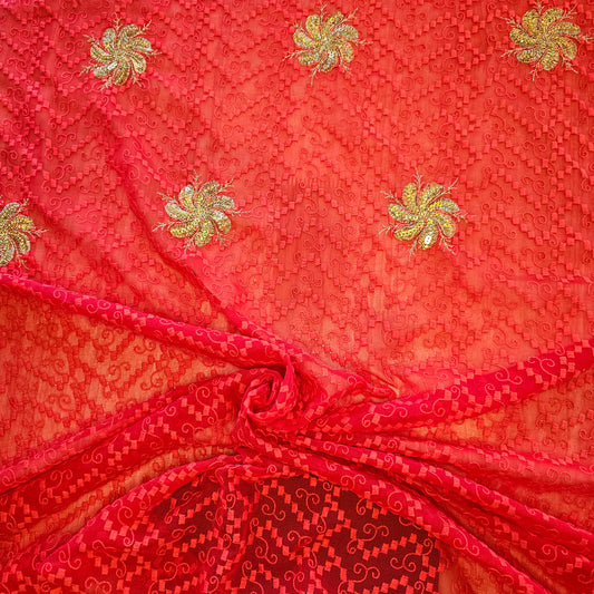 Embroidered Chiffon - Red - Roll End