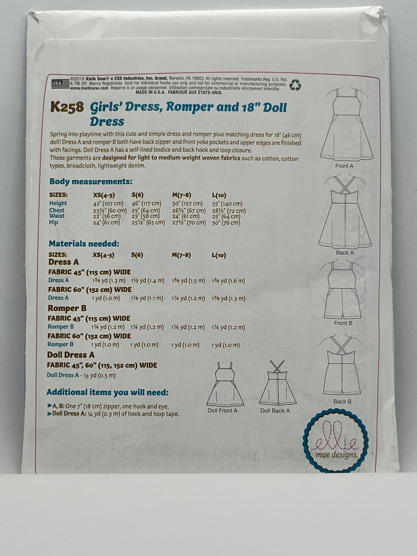 K0258 - Dress, Romper & 18" Doll Coordinates